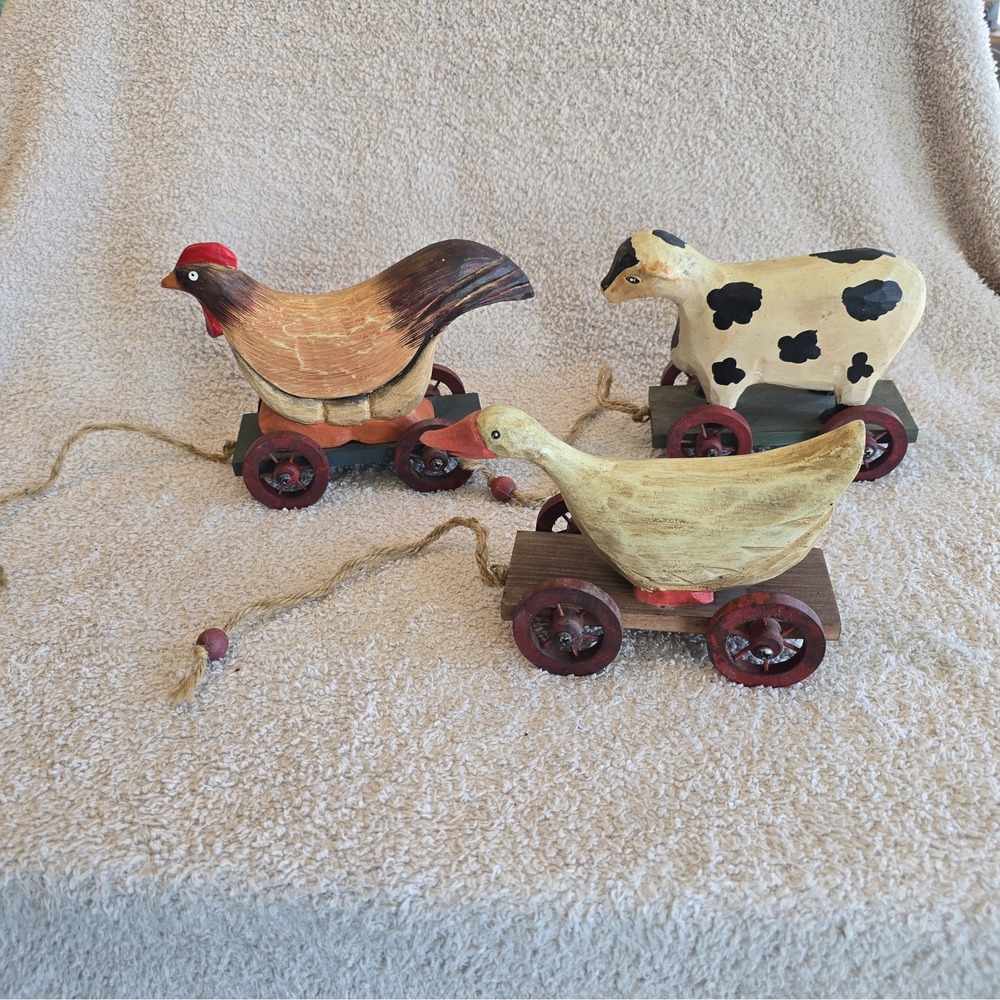 Wooden Cow Chicken Duck Rustic Wooden Pull Toy On Wheels Folk Art Decor Set Of 3